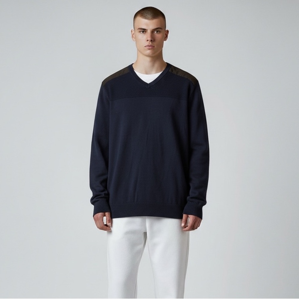 Nautica Men’s Large Navy V-Neck Sweater Shoulder Patch Knit Pullover‎ Classic